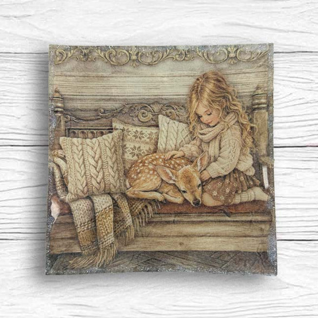 Stamperia White Christmas A6 Mini Rice Paper dfsa6x10 little girl with deer bench pillows