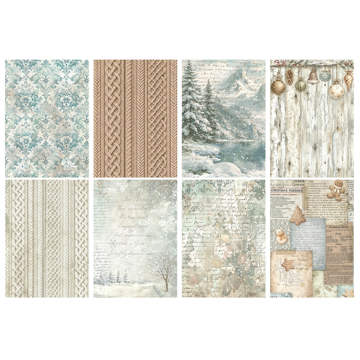 Stamperia White Christmas Backgrounds A6 Rice Paper dfsak6059 patterns trees ornaments