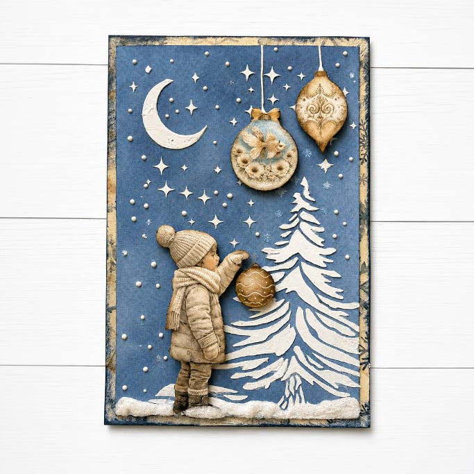 Stamperia White Christmas Ephemera dflct89 stars in sky moon little boy with ornament card
