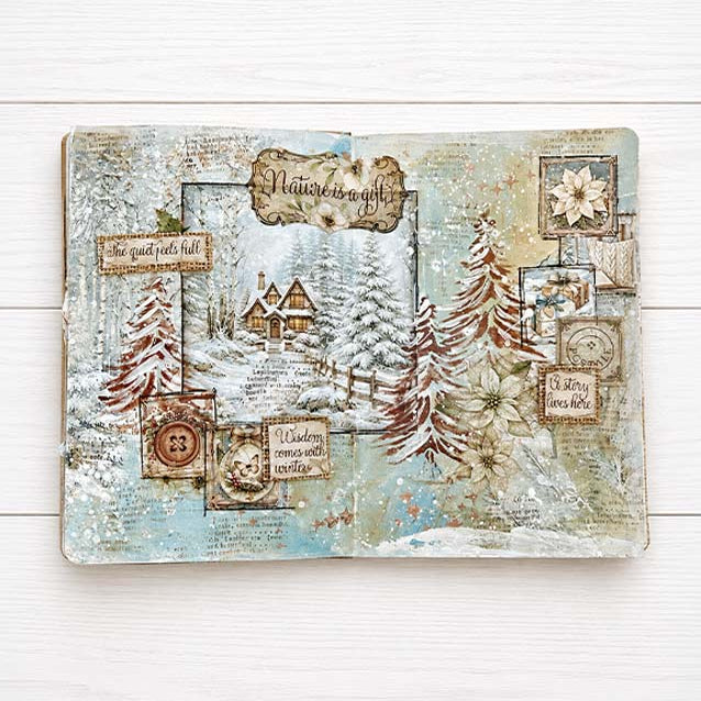 Stamperia White Christmas Printed Art Cards Collection sbcard49 snow trees flowers button cabin house card