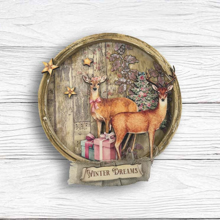Stamperia Winter Magic Journal Focus Points sbjks04 deer with presents garland wood background