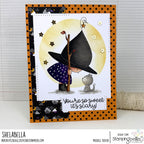 Stamping Bella Bundle Girl Witchy and Kitty Cling Stamps eb1495 stars grey cat polka dot background moon clouds card michele boyer