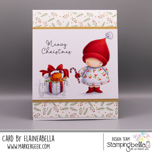 Stamping Bella Bundle Girl and the Christmas Kitty Cling Stamps eb1496 cat in present red bow candy cane meowy christmas card