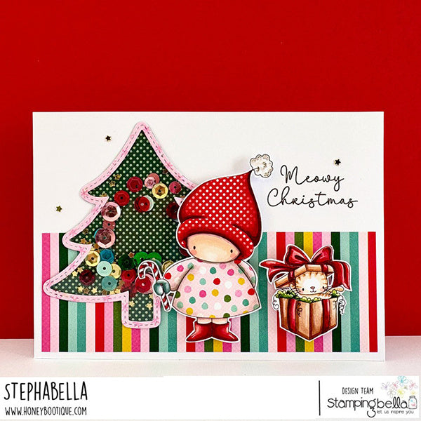 Stamping Bella Bundle Girl and the Christmas Kitty Cling Stamps eb1496 sequins christmas tree polka dot santa hat and dress christmas card