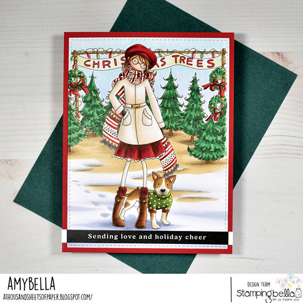 Stamping Bella Christmas Tree Lot Backdrop Cling Stamp eb1500 colored scarf dog with green sweater wreaths brown boots card