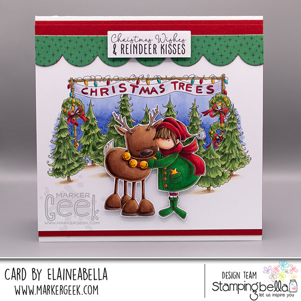 Stamping Bella Christmas Tree Lot Backdrop Cling Stamp eb1500 reindeer wreaths red bows card