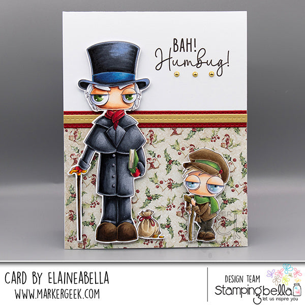 Stamping Bella Oddball Ebenezer Scrooge and Tiny Tim Cling Stamps eb1489 cane green book boy with green scarf card