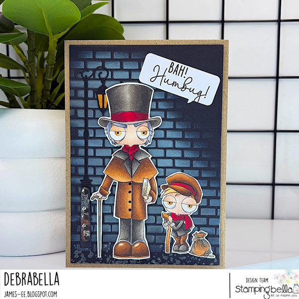 Stamping Bella Oddball Ebenezer Scrooge and Tiny Tim Cling Stamps eb1489 man with hat cane brick wall lamp post card