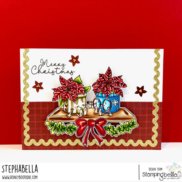 Stamping Bella Spec-Tacular Poinsettia Pair Cling Stamps ag1503 red bow with garland gold sparkle boarder christmas card