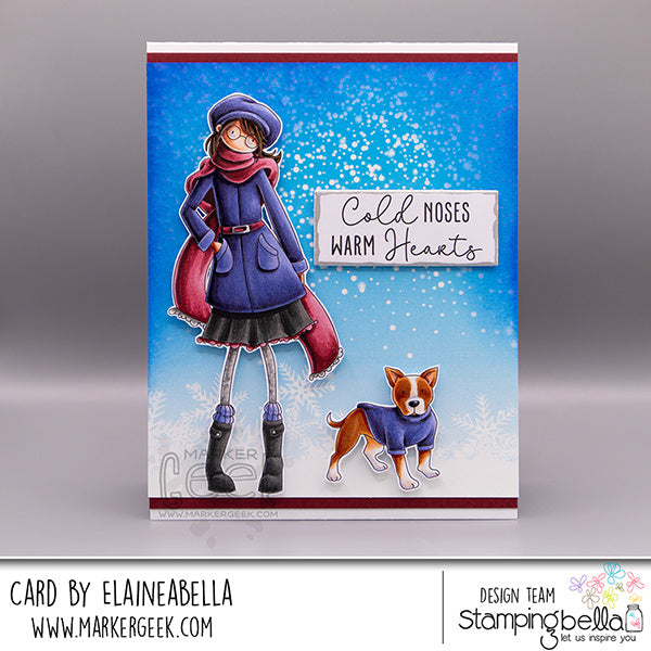 Stamping Bella Uptown Girl Elaine loves Winter Walks Cling Stamps eb1499 purple scarf blue jacket brown dog christmas card