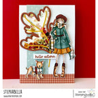 Stamping Bella Uptown Girl Elaine loves Winter Walks Cling Stamps eb1499 sequins leaf plaid jacket dog in sweater hello autumn card