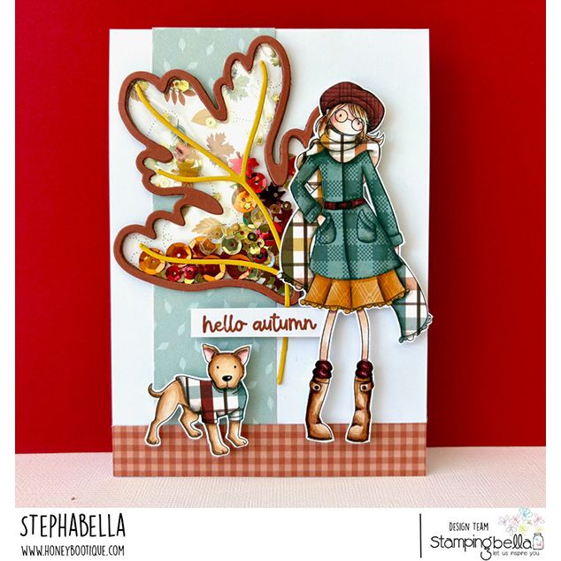 Stamping Bella Uptown Girl Elaine loves Winter Walks Cling Stamps eb1499 sequins leaf plaid jacket dog in sweater hello autumn card