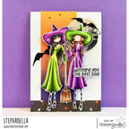 Stamping Bella Uptown Girl Witchy Sisters Cling Stamps eb1498 full moon stars green gown purple hat witching you the best day card