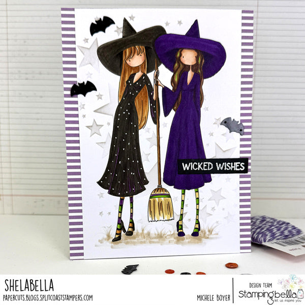 Stamping Bella Uptown Girl Witchy Sisters Cling Stamps eb1498 stars bats broom purple gown wicked wishes card