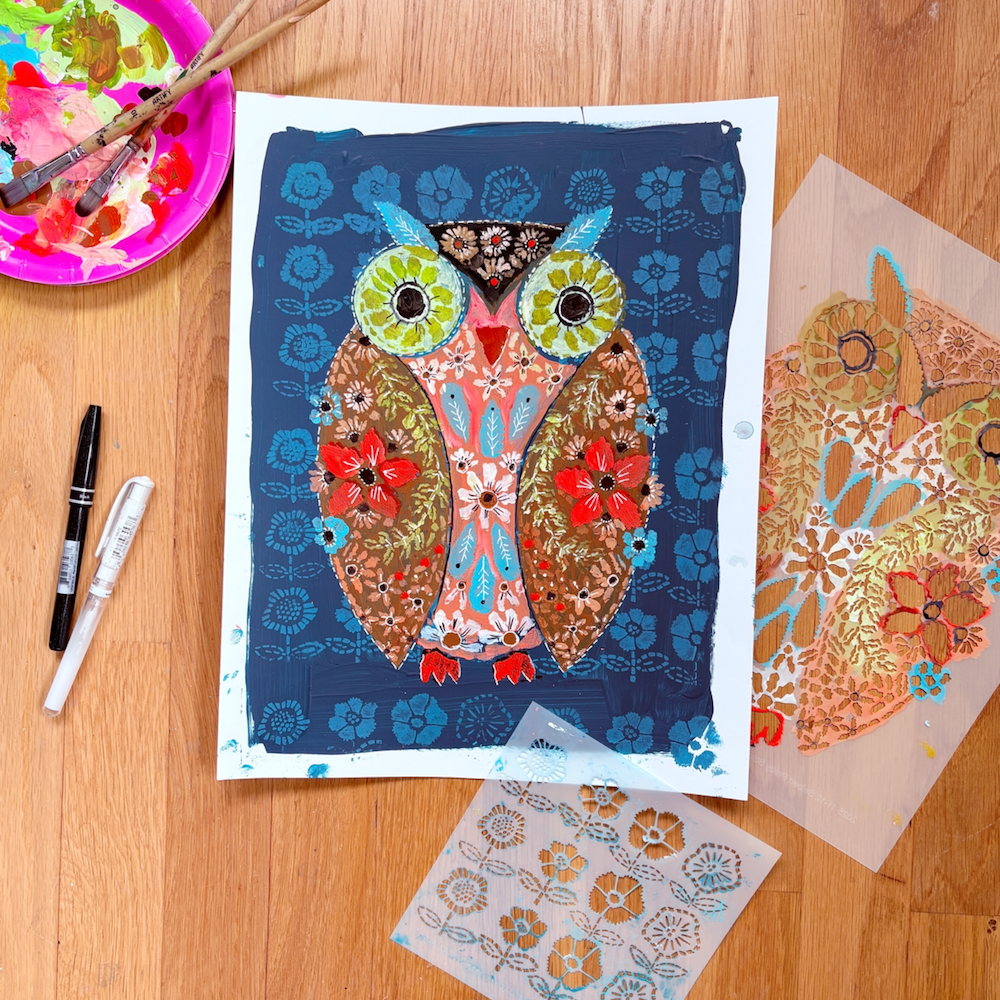 StencilGirl Embroidered Owl Stencil ll1086 colorful
