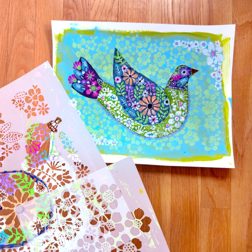 StencilGirl Floral Songbird Stencil ll1095 colorful
