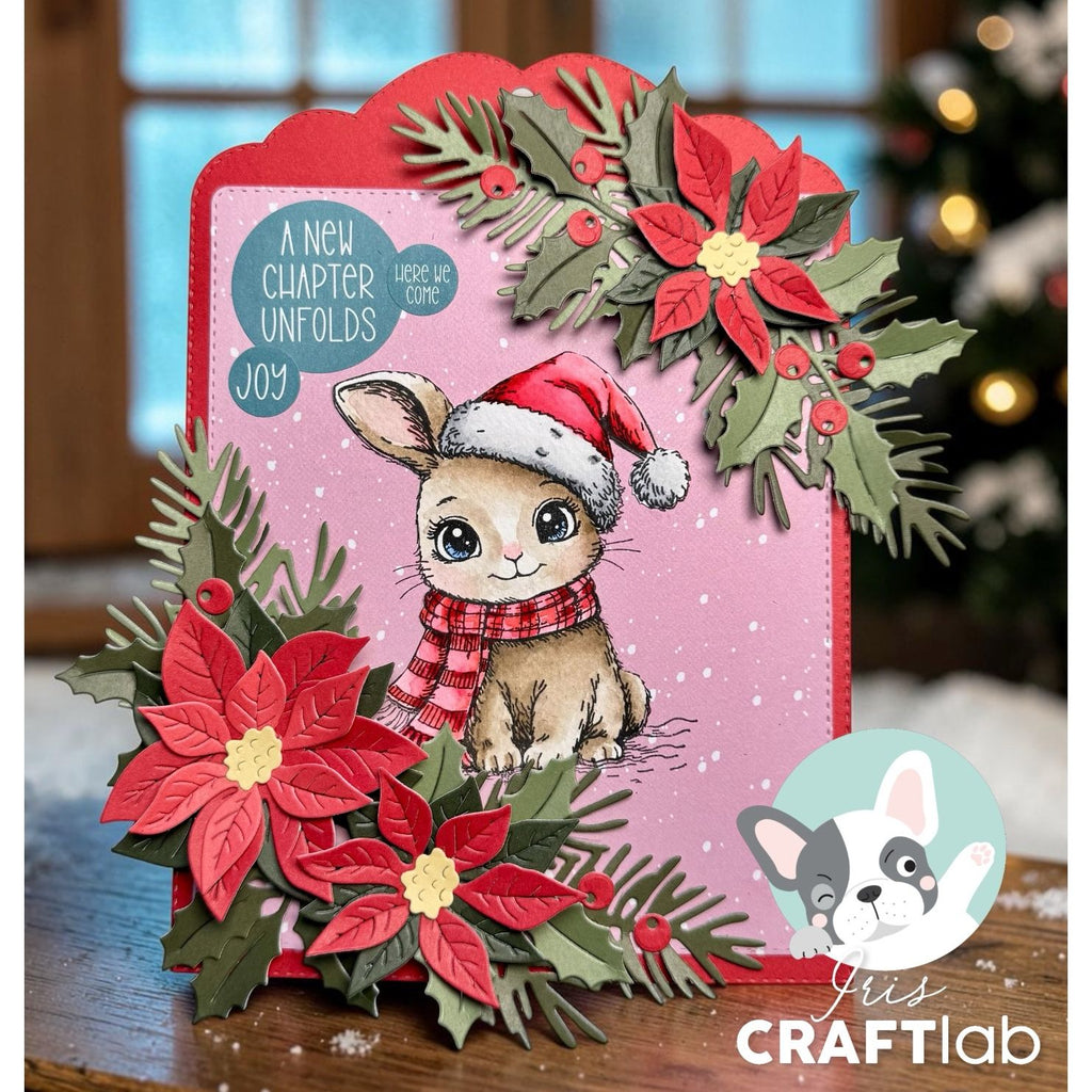 Studio Light Benjamin Friendz Clear Stamp ccl-fr-stamp960 bunny with santa hat and scarf red flowers joy card