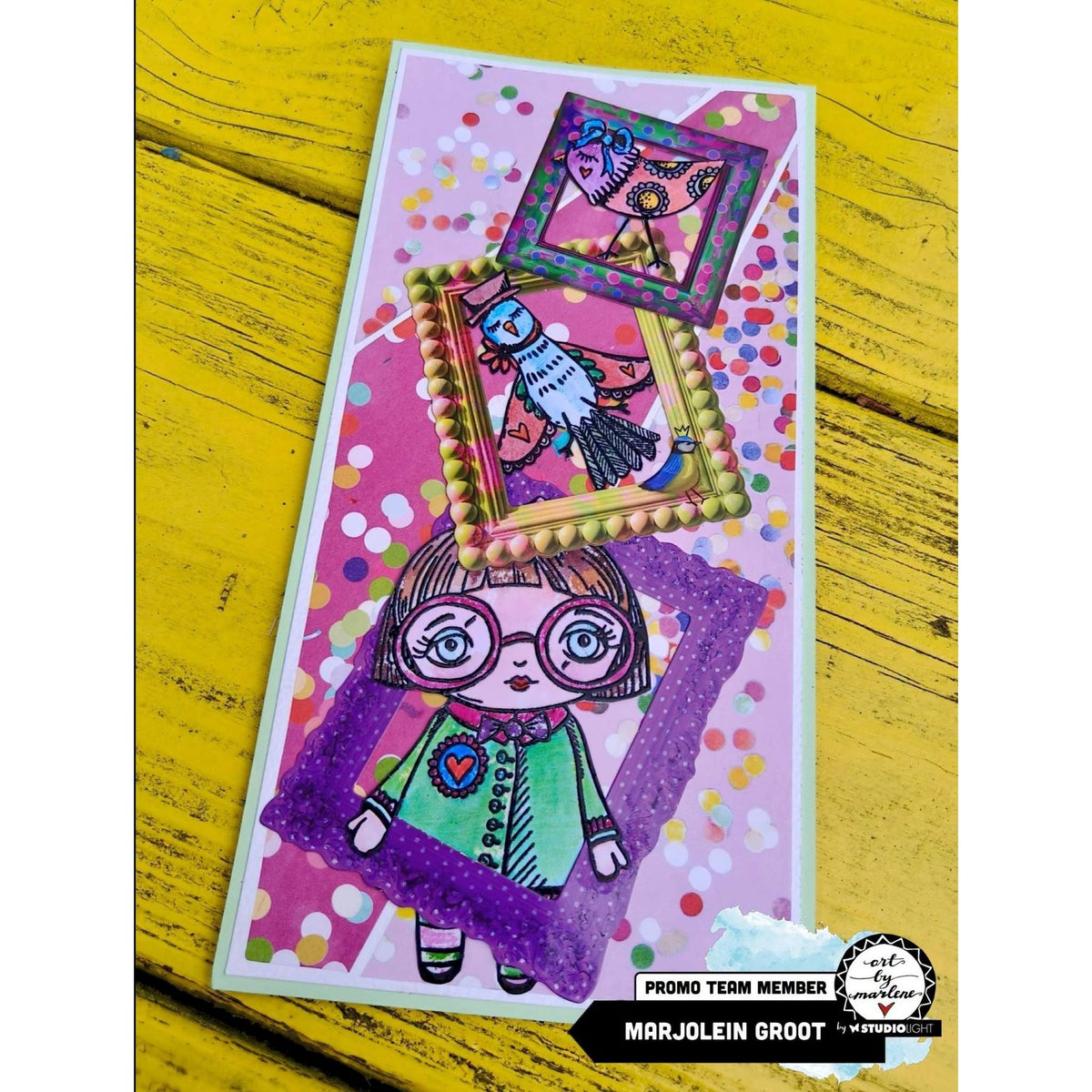 Studio Light Confetti Dreamz Collage Paper Pad abm-26-cpp494 colored dots picture frames birds green dress card marjolein groot