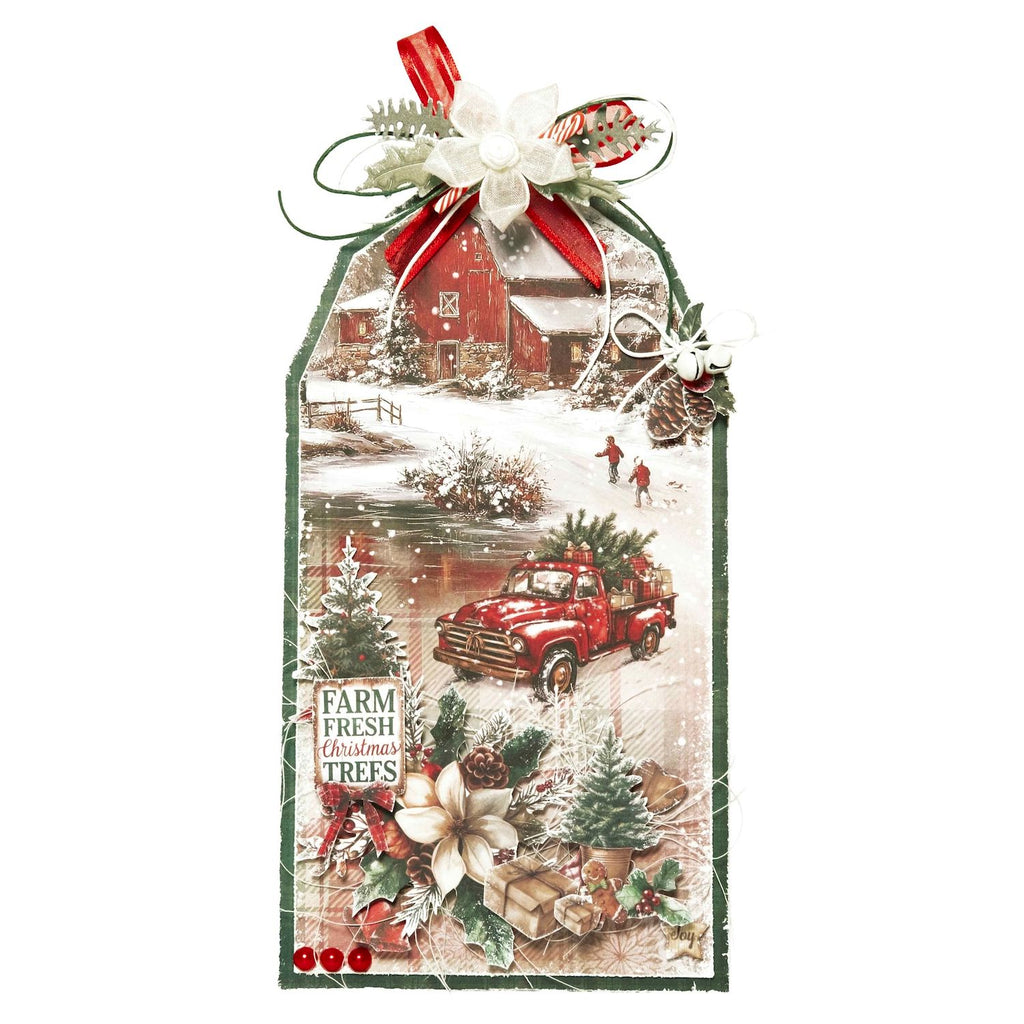 Studio Light Cottage Christmas Background Paper sl-cc-dpp484 red truck with presents kids walking in snow red barn tag card