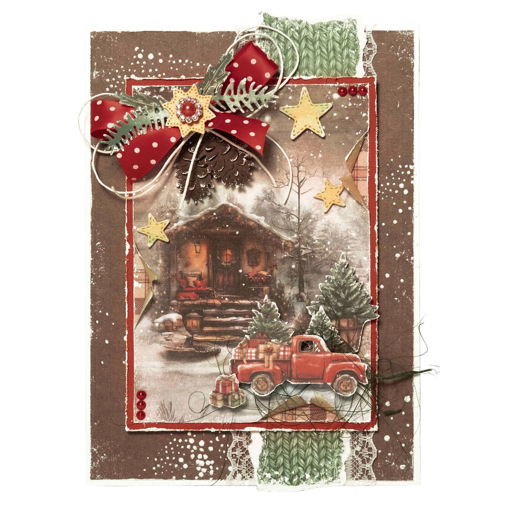 Studio Light Cottage Christmas Die-Cut Paper Pad sl-cc-dcpp483 cabin in woods red truck with presents card