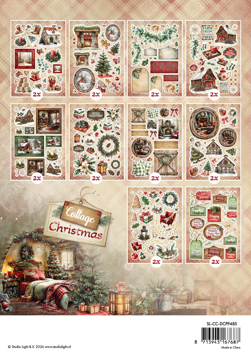 Studio Light Cottage Christmas Die-Cut Paper Pad sl-cc-dcpp485 wreath fireplace barn 