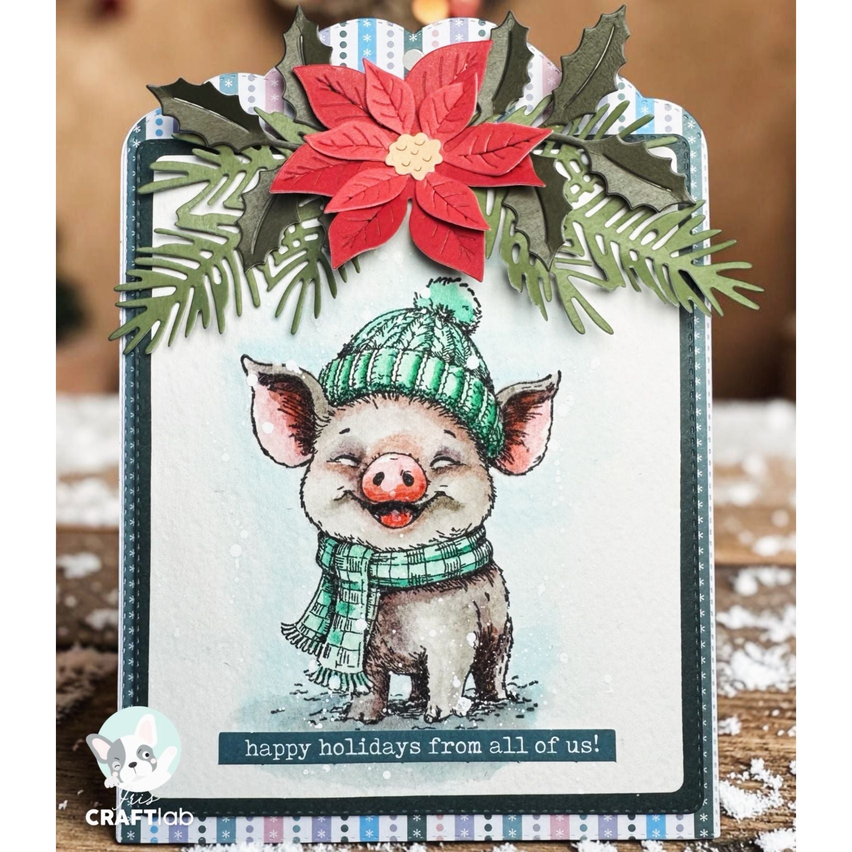 Studio Light Frenkie Friendz Clear Stamp ccl-fr-stamp961 pig with green hat and scarf happy holidays card