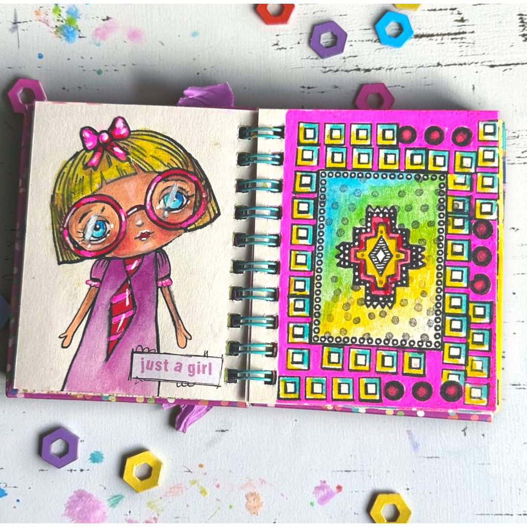 Studio Light Just A Girl Clear Stamp abm-26-stamp968 girl with pink glasses pink dress colored squares card