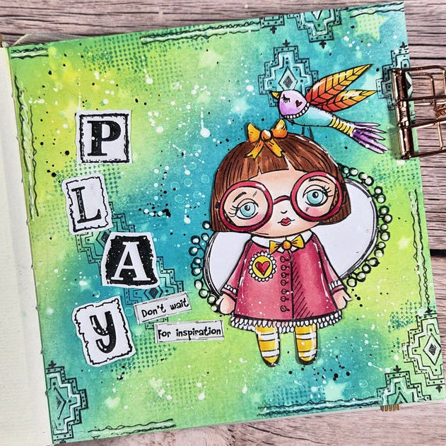 Studio Light Just A Girl Clear Stamp abm-26-stamp968 red glasses orange bow blue bird play card vicky papaioannou 