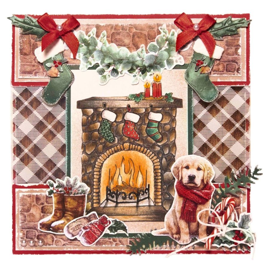 Studio Light Plaid and Snow Cottage Christmas Acetate Sheets sl-cc-acs23 fire place with candles dog stockings card