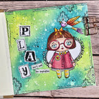 Studio Light Starry Night Art 8x8 Stencil abm-26-mask402 girl wearing glasses red dress blue and purple bird play card vicky papaioannou