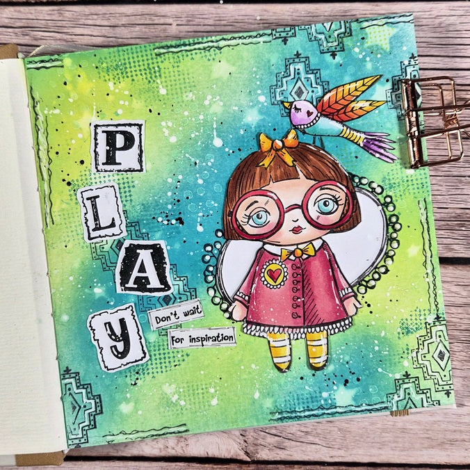 Studio Light Starry Night Art 8x8 Stencil abm-26-mask402 girl wearing glasses red dress blue and purple bird play card vicky papaioannou