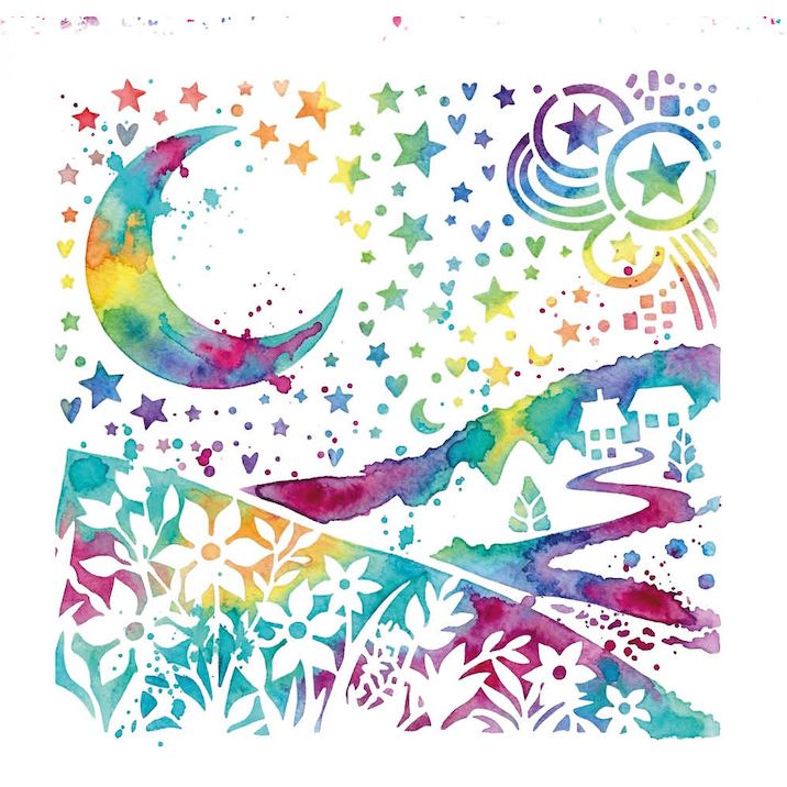 Studio Light Starry Night Art 8x8 Stencil abm-26-mask402 tie dye stars tie dye moon hill with flowers card