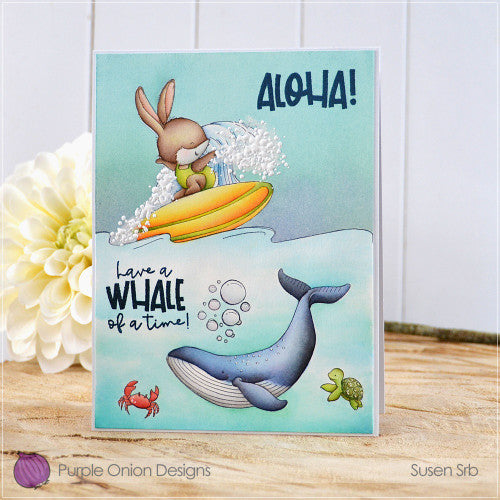 Purple Onion Designs Kalei Cling Stamp pod1340 Surfing And Whale Encouragement Card