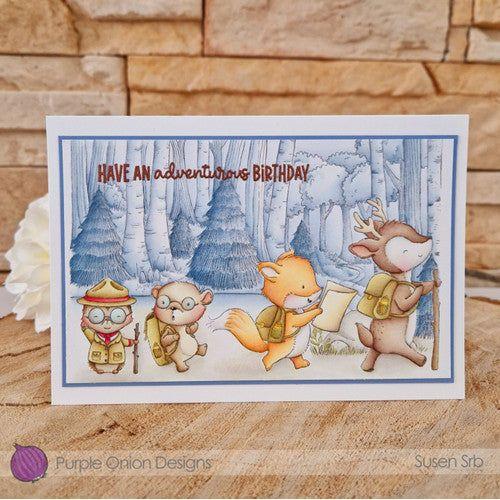 Purple Onion Designs Woody Unmounted Cling Stamp pod1389 hiking deer and friends