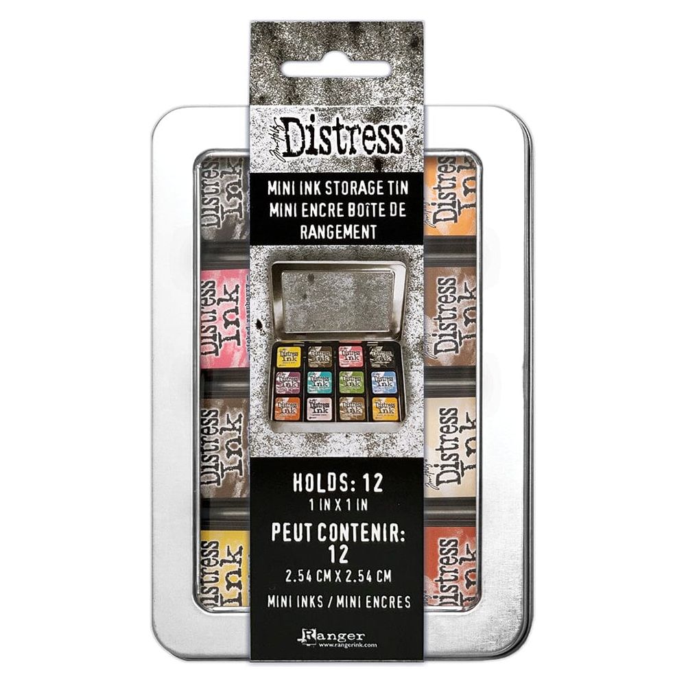 Tim Holtz Mini Distress Ink Storage Tin Ranger TDA42013 with inks and label