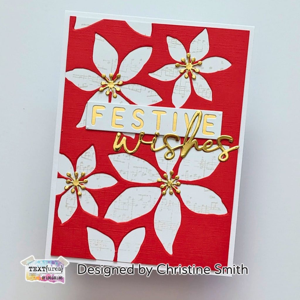 TEXT{ures} Layered Poinsettias Die Set texcd0004 red background with white flwoers festive wishes card christine smith