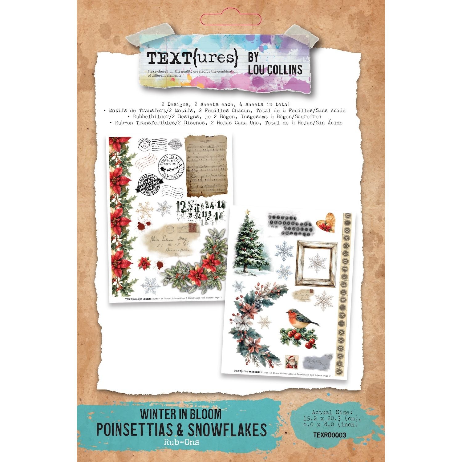 TEXT{ures} Winter in Bloom Poinsettias and Snowflakes 6x8 Rub On Transfer Set texro0003