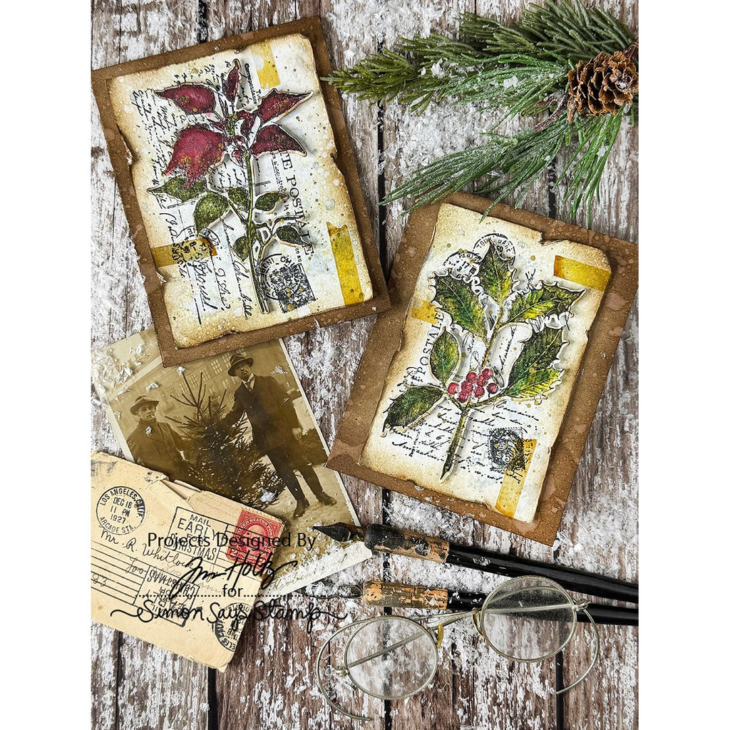 Tim Holtz Festive Collage Stamps with Simon Says Stamp Dies Bundle setfc25 Christmas Cards