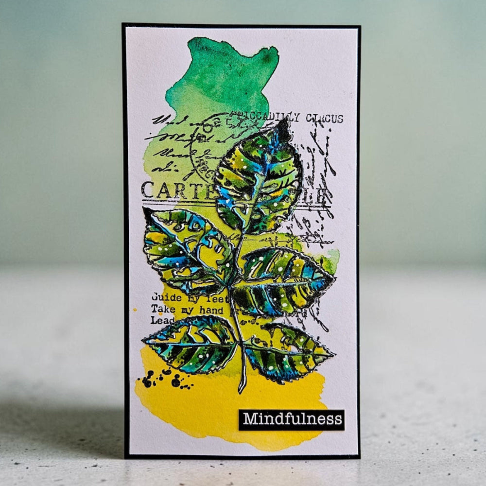 AALL & Create Still Green A6 Clear Stamp Set 1345 mindful yellow and green watercolor spot card