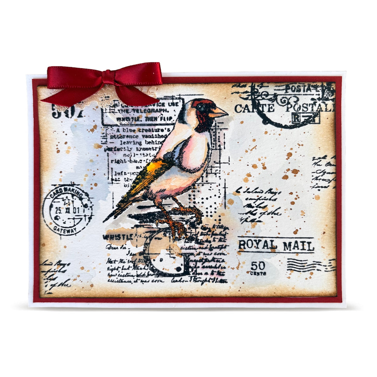 AALL & Create Whistling Finch A7 Clear Stamp 1350 red silk bow royal mail stamp card