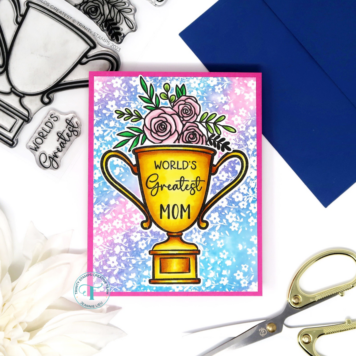 Trinity Stamps Reverse Floral Clear Background Stamp tps-237 Floral World's Greatest Mom Trophy Card