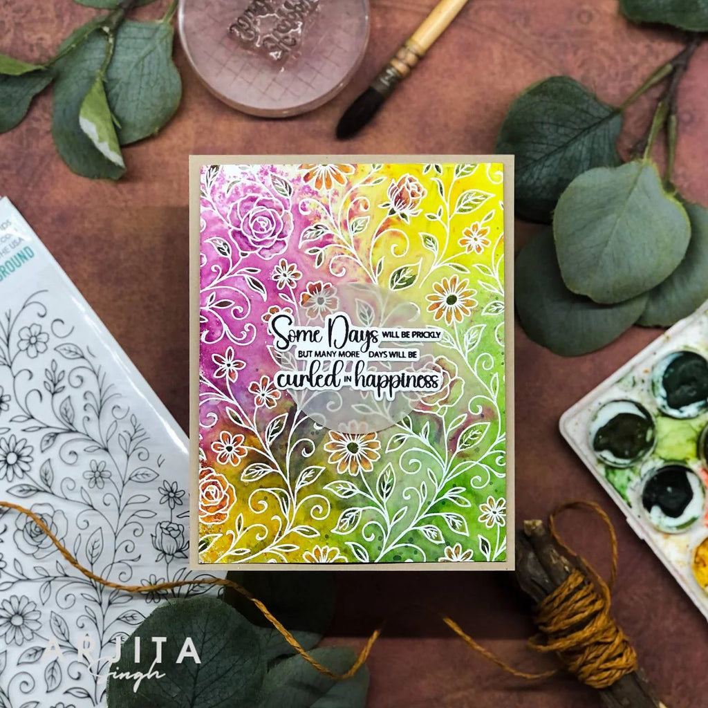 Gina K Designs Tangled Garden Background Stamp as47 rainbow blended background Arjita Singh Some Days will be Prickly but many more days will be curled with happiness