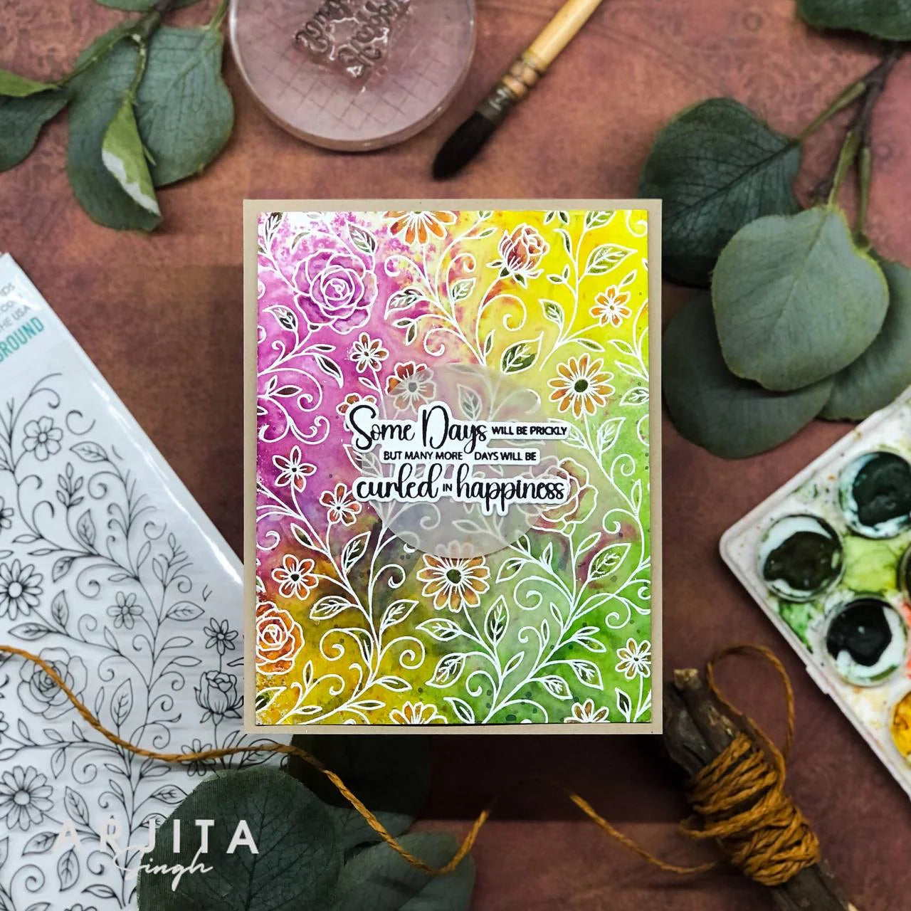 Gina K Designs Tangled Garden Background Stamp as47 rainbow blended background Arjita Singh Some Days will be Prickly but many more days will be curled with happiness