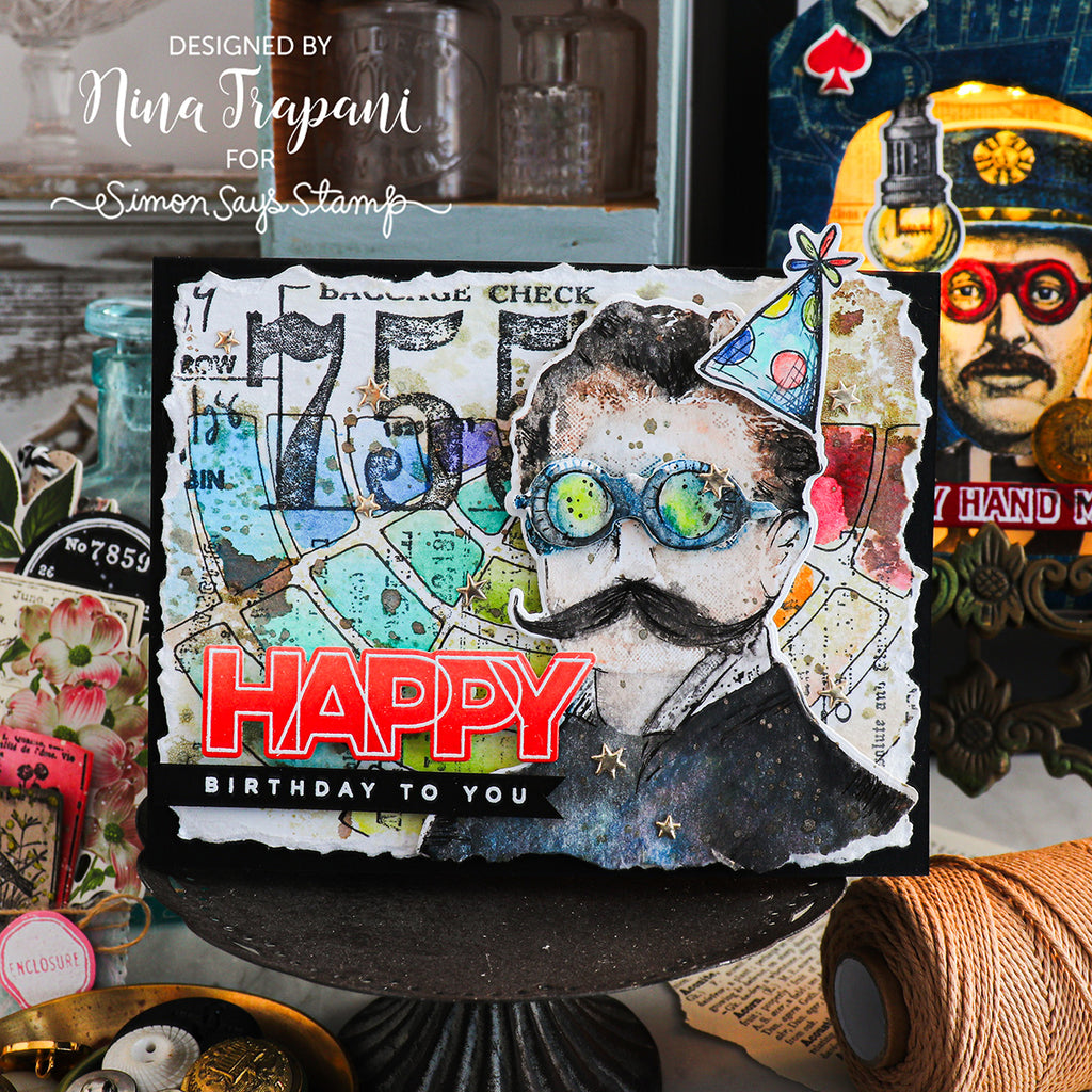 Tim Holtz The Professor and The Professor 2 Stamps with Simon Says Stamp Dies Bundle setps26 Birthday Card
