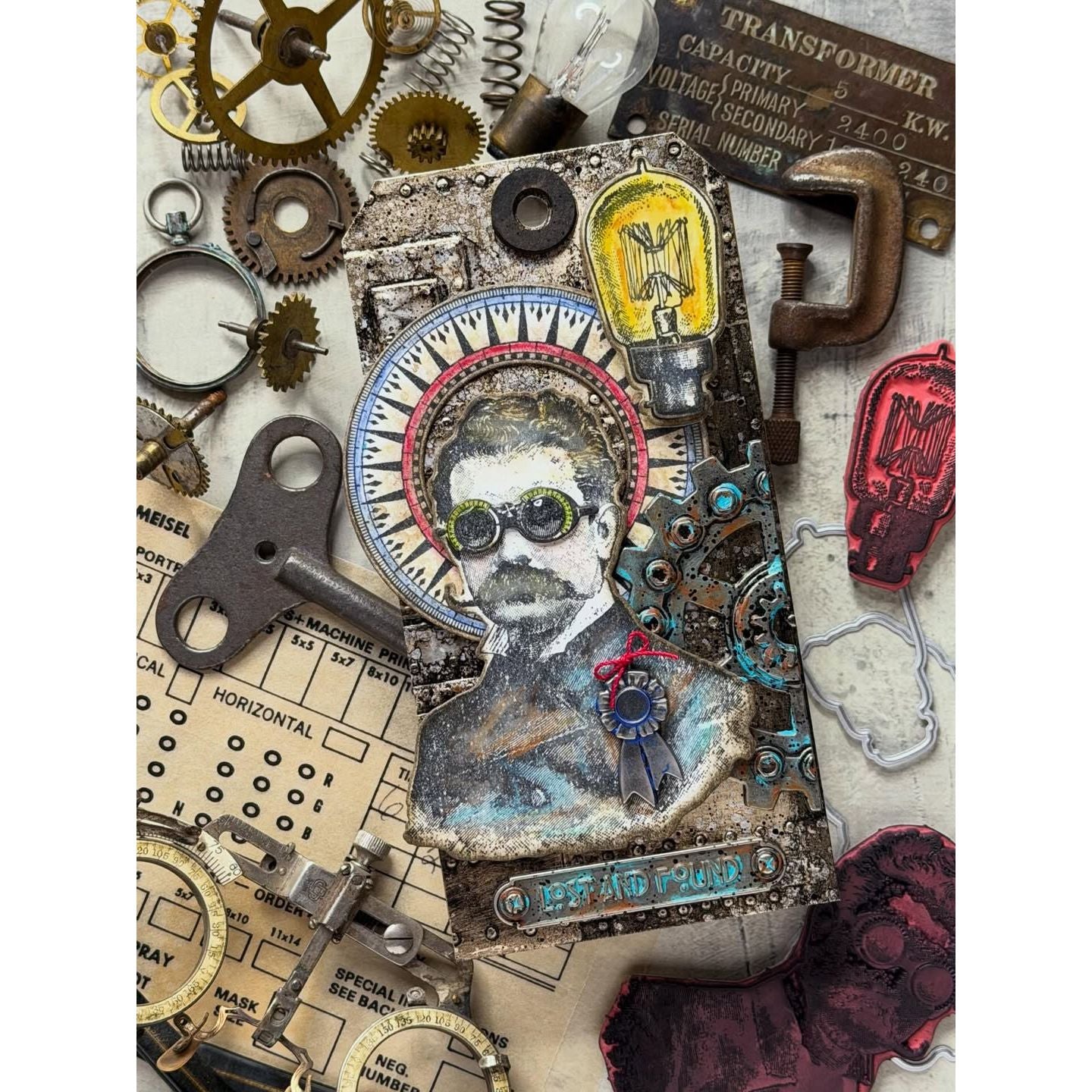 Tim Holtz The Professor and The Professor 2 Stamps with Simon Says Stamp Dies Bundle setps26 Steam Punk Tag