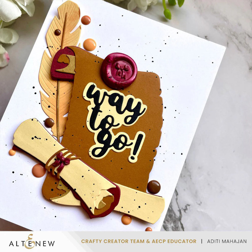 The Altenew Mini Bow Wax Seal Stamp and Wax Stamp Handle Set congrats