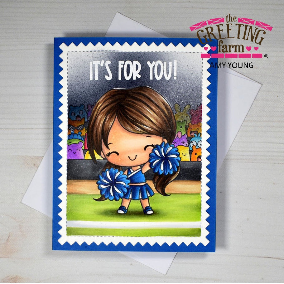 Card with a cartoon girl holding blue pom-poms on a white background