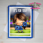Card with a cartoon girl holding blue pom-poms on a white background