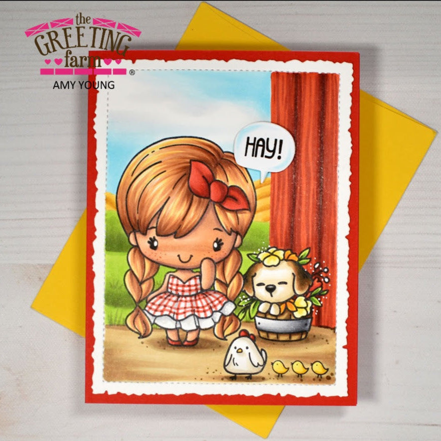 Card with a girl and dog illustration, featuring 'The Greeting Farm' branding.