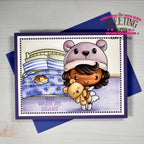 Greeting card with a cartoon character wearing a bear hat and holding a teddy bear, with 'You Warm My Heart' text, on a white background.